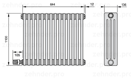 Схема (чертеж) Радиатор Zehnder Charleston 4110/14 №V003 Белый глянцевый RAL 9016